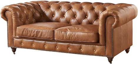 Starlight Canyon Home Leather-Upholstered Loveseat with Chesterfield Tufting, Leather Couch Sofa Vintage Chesterfield Love Seat Couch, Light Brown