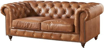Starlight Canyon Home Leather-Upholstered Loveseat with Chesterfield Tufting, Leather Couch Sofa Vintage Chesterfield Love Seat Couch, Light Brown