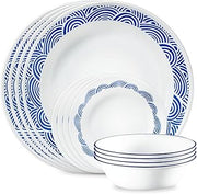 Corelle Vitrelle 18-Piece Service for 6 Dinnerware Set, Triple Layer Glass and Chip Resistant, Lightweight Round Plates and Bowls Set, Rolling Waves
