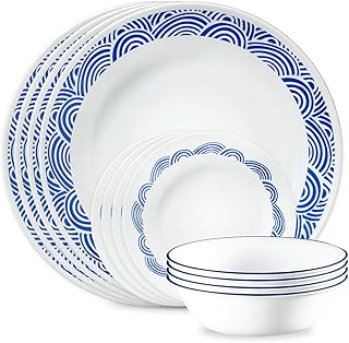 Corelle Vitrelle 18-Piece Service for 6 Dinnerware Set, Triple Layer Glass and Chip Resistant, Lightweight Round Plates and Bowls Set, Rolling Waves