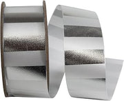 Reliant Ribbon Cabana Metallic Stripes Repeat Satin, White/Silver, 1-3/8 Inch, 25 Yards