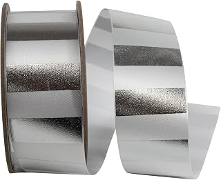 Reliant Ribbon Cabana Metallic Stripes Repeat Satin, White/Silver, 1-3/8 Inch, 25 Yards