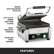 Panini Press with 9.75" x 9.25" Cooking Surface & 120V by Waring – Compact Cooking Surface Machines, Stainless Steel, Silver, Model WPG150