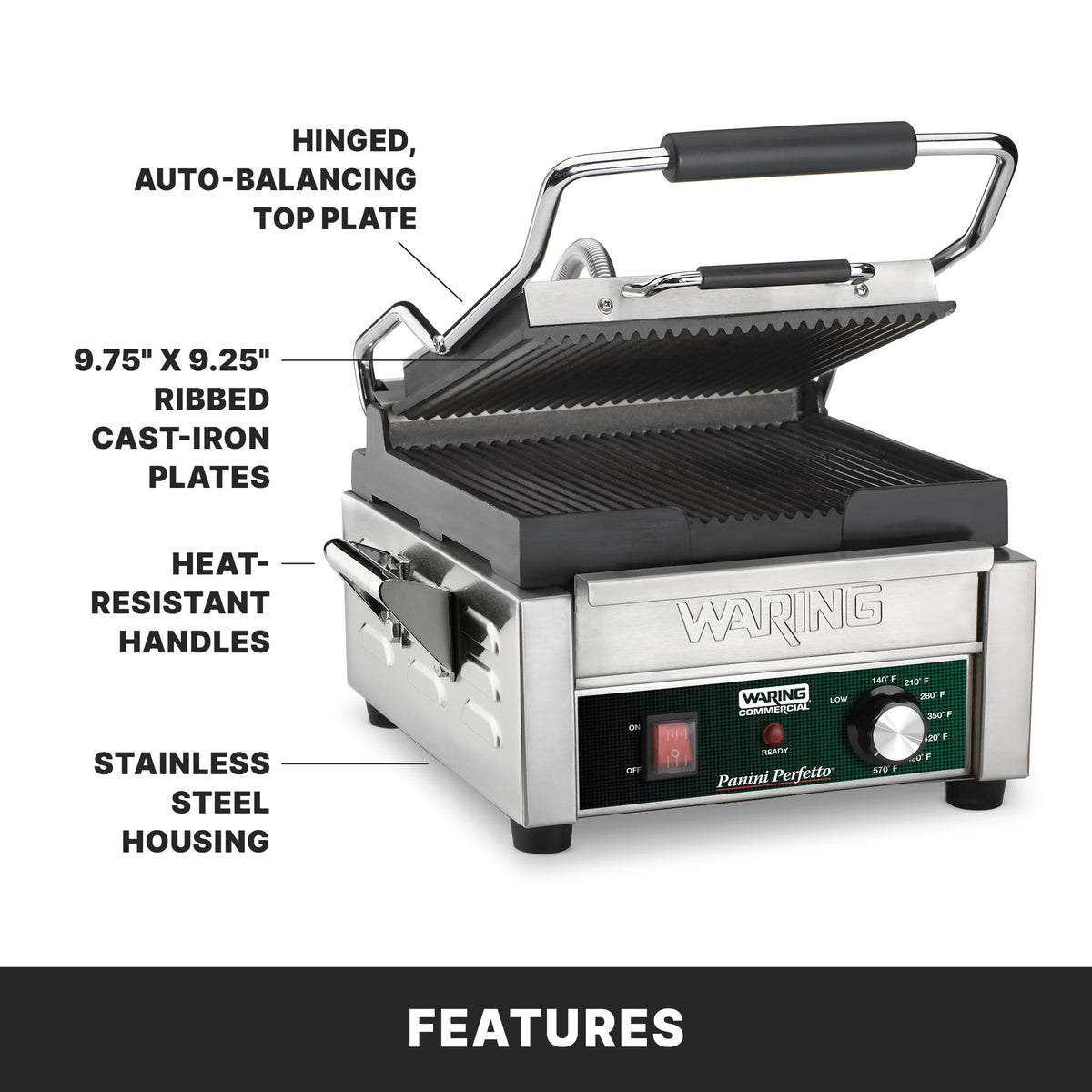 Panini Press with 9.75" x 9.25" Cooking Surface & 120V by Waring – Compact Cooking Surface Machines, Stainless Steel, Silver, Model WPG150