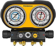 Fieldpiece GS422F 4-Port Analog Manifold Gauge Set | HVACR Refrigerant Manifold w/Sight Glass - Compatible with R22, R32, R454B, R410A - Swappable Hose Holders & High-Grip Knobs
