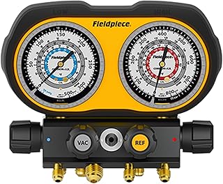Fieldpiece GS422F 4-Port Analog Manifold Gauge Set | HVACR Refrigerant Manifold w/Sight Glass - Compatible with R22, R32, R454B, R410A - Swappable Hose Holders & High-Grip Knobs