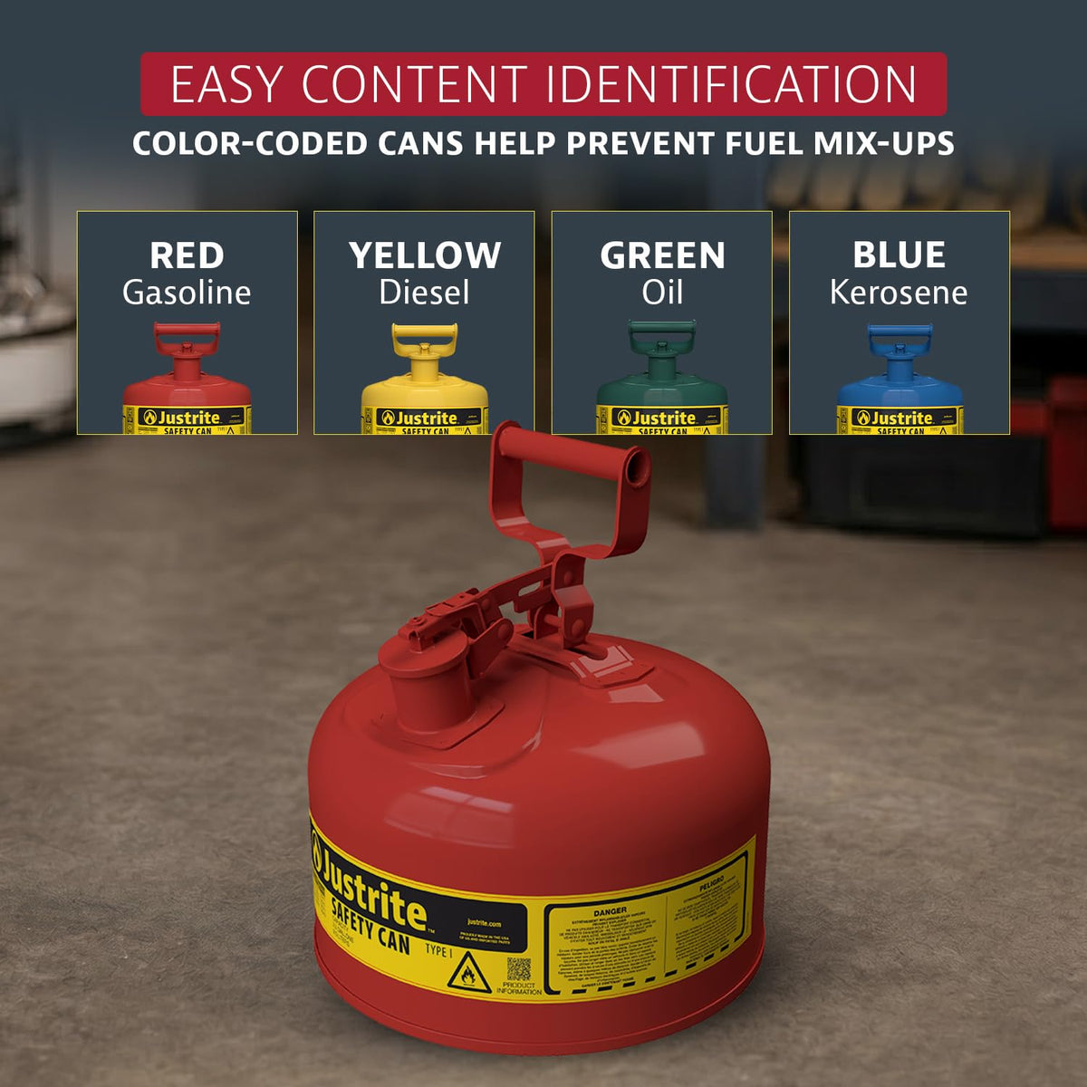 Type I Gasoline Safety Can by Justrite – 2.5 Gallon, 2.5 gallons, Alloy Steel, Red, Model 7125100