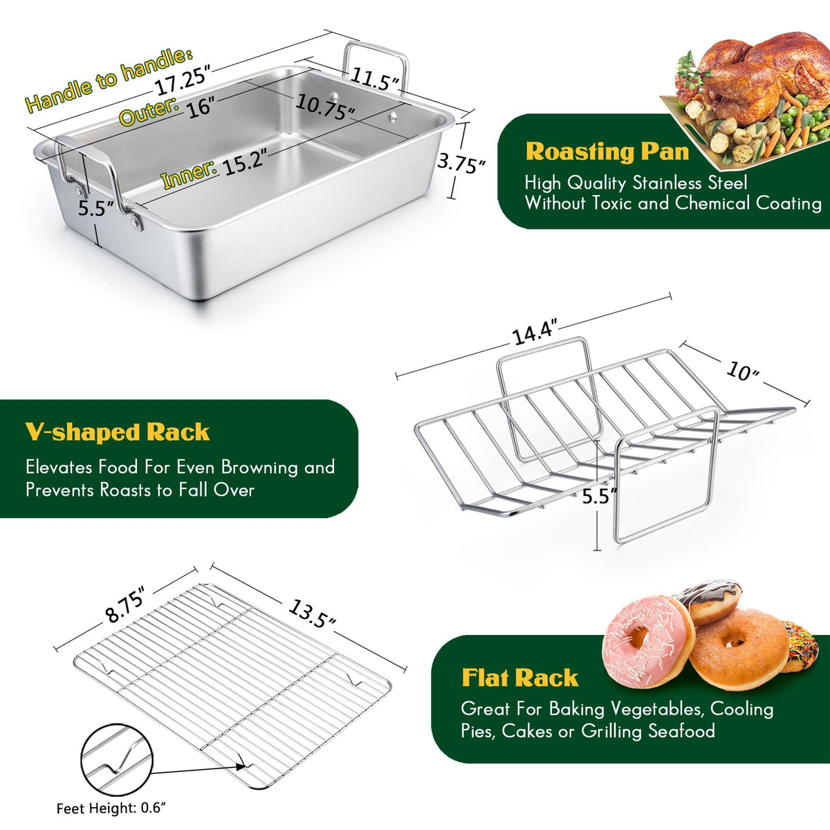 E-far Stainless Roaster with Racks, 16 by 11.5 Inch, Silver Large