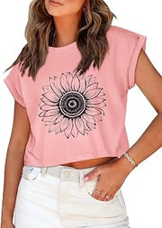 Womens Crop Tops Summer Roll Cap Sleeve Cropped Tshirt Loose Fit Basic Tees