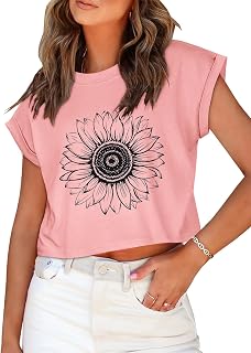 Womens Crop Tops Summer Roll Cap Sleeve Cropped Tshirt Loose Fit Basic Tees