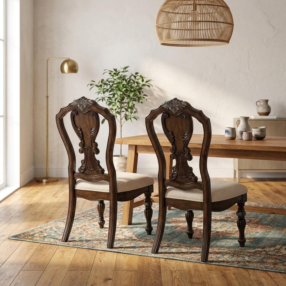 Dark Brown Upholstered Dining Side Chair Set of by Starlight Canyon Home – Solid Rubberwood, Oak Veneer, Engineered Wood, Fabric, Brown, Pack of 2