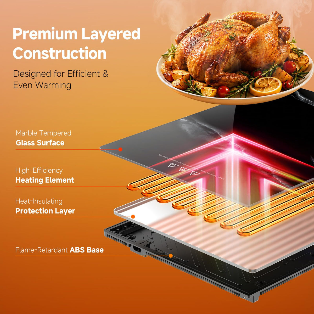 FEPPO Modular Warming Tray, 47x16 Inch Glass Surface, Marble Black