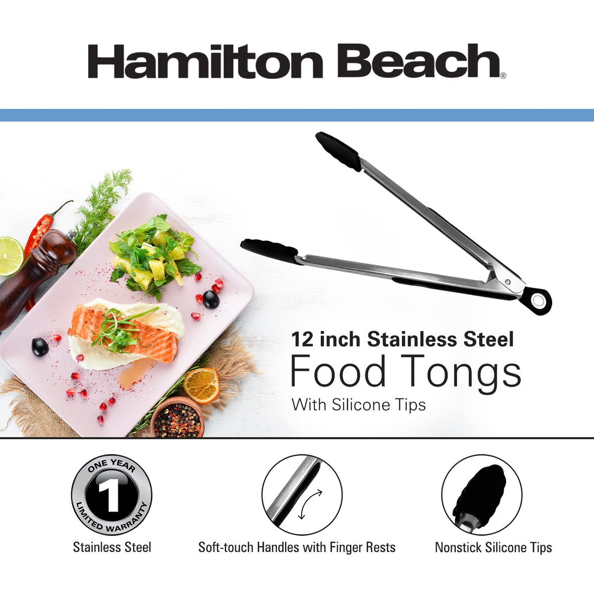 Stainless Steel 12in Food Tong with Silicon Top by Hamilton Beach – Tongs, Stainless Steel, Black, Model HGA107