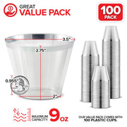 9 oz Silver-Rim Disposable Plastic Cups (100 Pack) Elegant Tumblers Glasses for Parties by Stock Your Home – 100 Count, 9.0 ounces, Polystyrene (PS), Silver Rim, Pack of 100