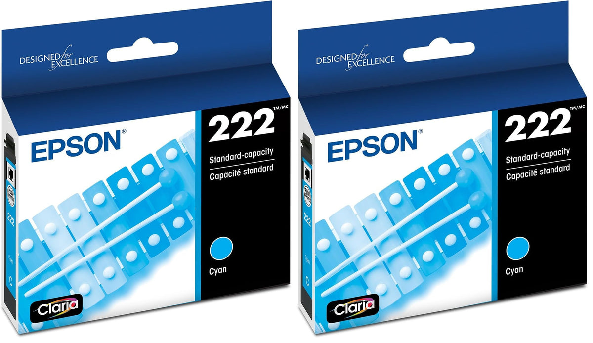 222 Genuine Ink Standard Capacity Cyan Cartridge T222220 (Pack of 2) by Epson – Standard Capacity (Pack of 2), Cyan, Pack of 2, Model T222220-S