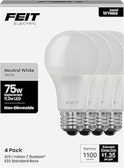 Feit Electric LED Light Bulbs - A19 75W Equivalent, 80 CRI - 3500K, 4 Pack