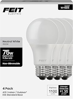 Feit Electric LED Light Bulbs - A19 75W Equivalent, 80 CRI - 3500K, 4 Pack