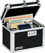 Vaultz Secure Security Lock Boxes - Safe Combination Lock Box, Storage for Documents, Valuables, Medicine & Money - 9.88 x 7.75 x 7 Inch - Black/Chrome | Lockable design with reinforced chrome-steel corners, combination-lock case, non-slip rubber feet, 9.88x7.75x7 in