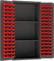 Durham 3501-DLP-PB-96-2S-1795 Lockable Cabinet with 96 Red Hook-On Bins, 2 Adjustable Shelves, Flush Door Style, Pegboard, 36" Wide, 14 Gauge, Gray
