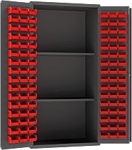 Durham 3501-DLP-PB-96-2S-1795 Lockable Cabinet with 96 Red Hook-On Bins, 2 Adjustable Shelves, Flush Door Style, Pegboard, 36" Wide, 14 Gauge, Gray