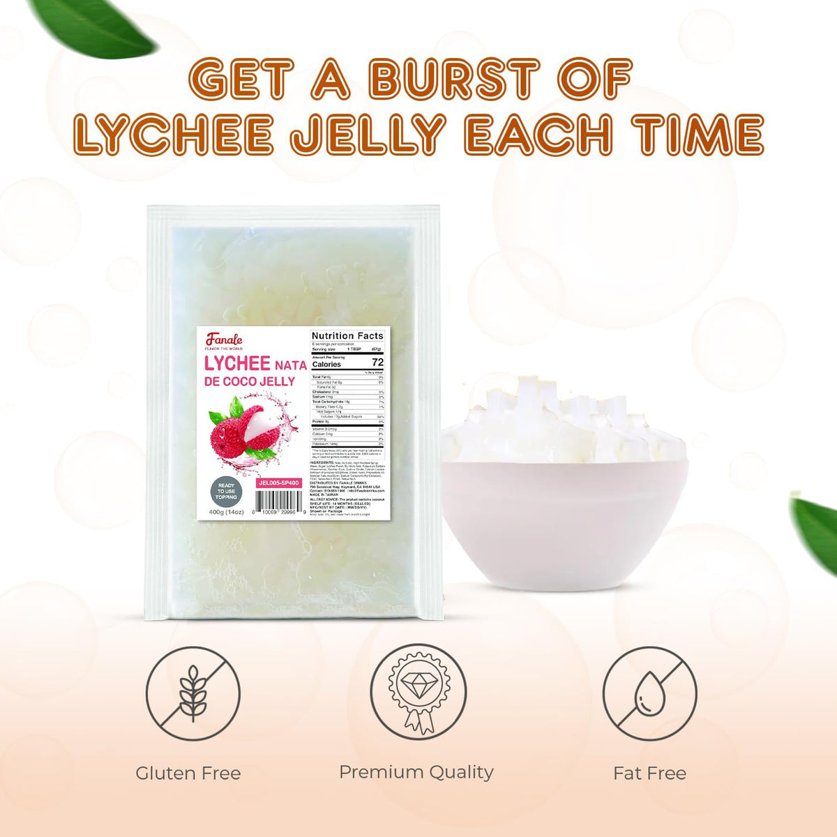 Coconut Jelly Topping nata de coco for Bubble Tea 400 g | Lychee Jelly | for Boba Tea by Fanale – 400g (Pack of 35)