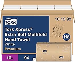 Tork Extra Soft Multifold Hand Towels White with Blue Leaf Print, H2 Dispenser Compatible 16 Packs x 94 Towels (101298)