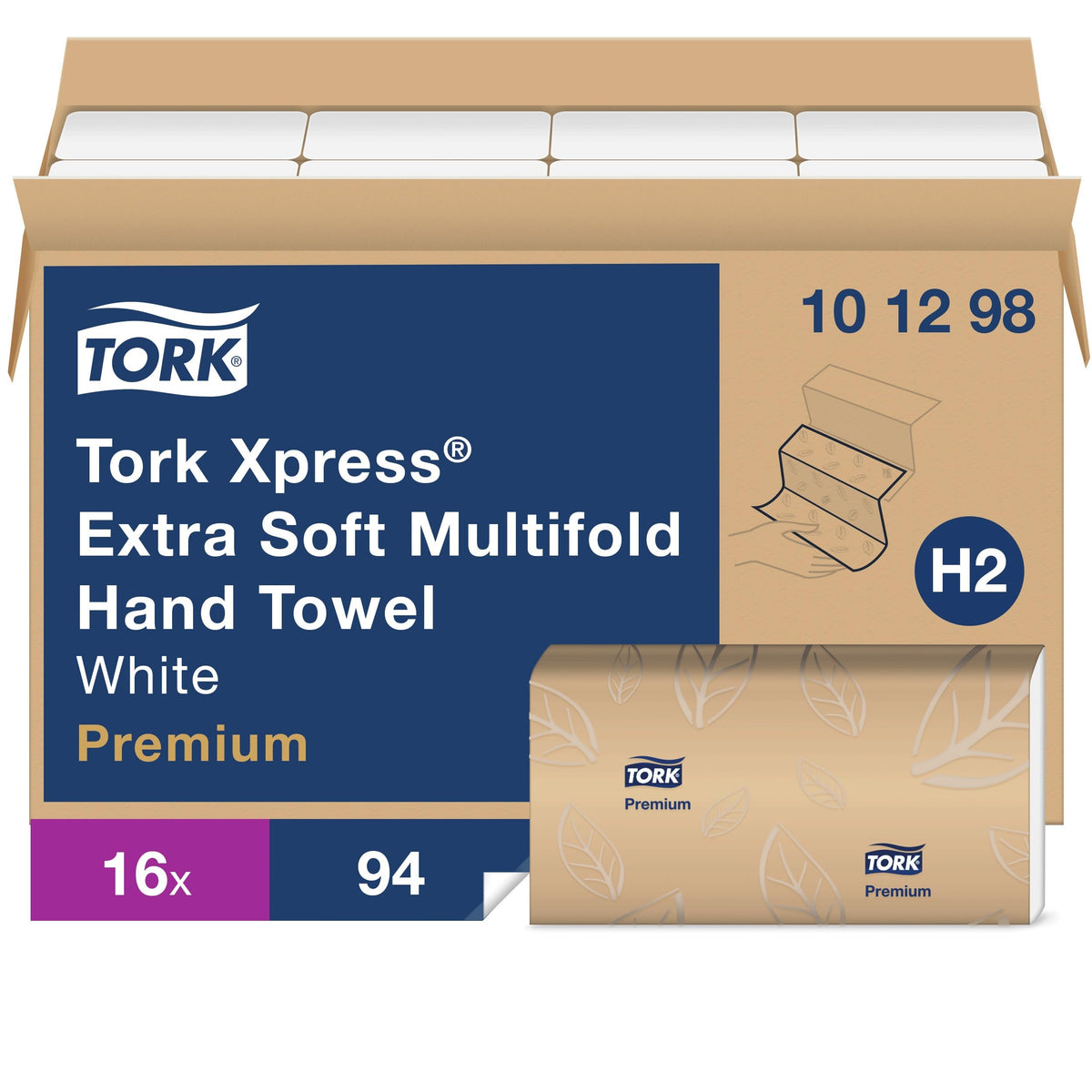 Tork Extra Soft Multifold Hand Towels White with Blue Leaf Print – H2 Dispenser Compatible 16 Packs x 94 Towels (101298)