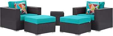 Modway Convene 5-Piece Outdoor Patio Sectional Set in Espresso Turquoise, Synthetic Rattan, All-Weather Cushions