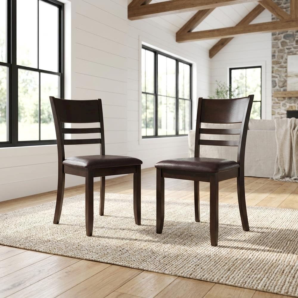 Solid Wood Faux Leather-Upholstered Dining Chairs Set of by Furnifact – Wood, Brown, Pack of 2