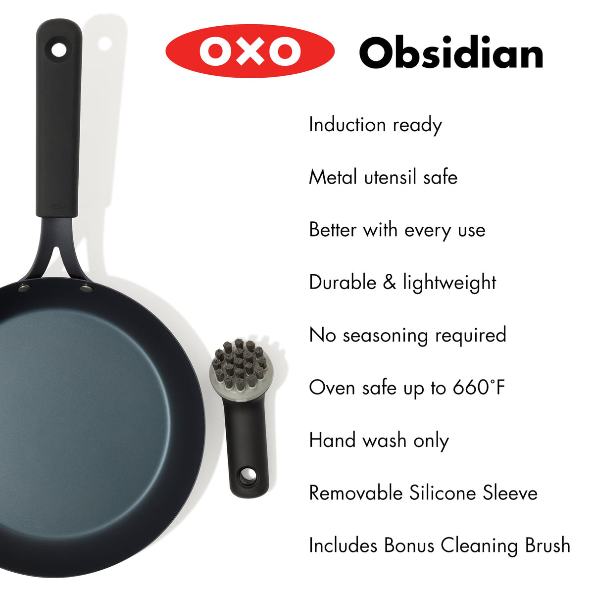Obsidian 10” Carbon Steel Frying Pan by OXO – 10" Fry Pan with Silicone Sleeve and Brush, 3.0 cups, Cast Iron, Black, Model CC011490-001
