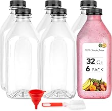 32 Oz Juice Bottles with Caps (6 Pack) - Reusable Clear Plastic Drink Containers for Mini Fridge - Water Bottles Bulk - Includes Labels by Stock Your Home – 32 oz - 6 Count
