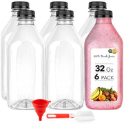 32 Oz Juice Bottles with Caps (6 Pack) - Reusable Clear Plastic Drink Containers for Mini Fridge - Water Bottles Bulk - Includes Labels by Stock Your Home – 32 oz - 6 Count