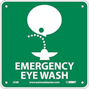 NMC S50R Emergency and First Aid Sign with Graphic, Emergency Eye WASH", 7" Width x 7" Height, Rigid Plastic, White on Green
