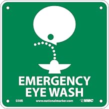 NMC S50R Emergency and First Aid Sign with Graphic, Emergency Eye WASH", 7" Width x 7" Height, Rigid Plastic, White on Green