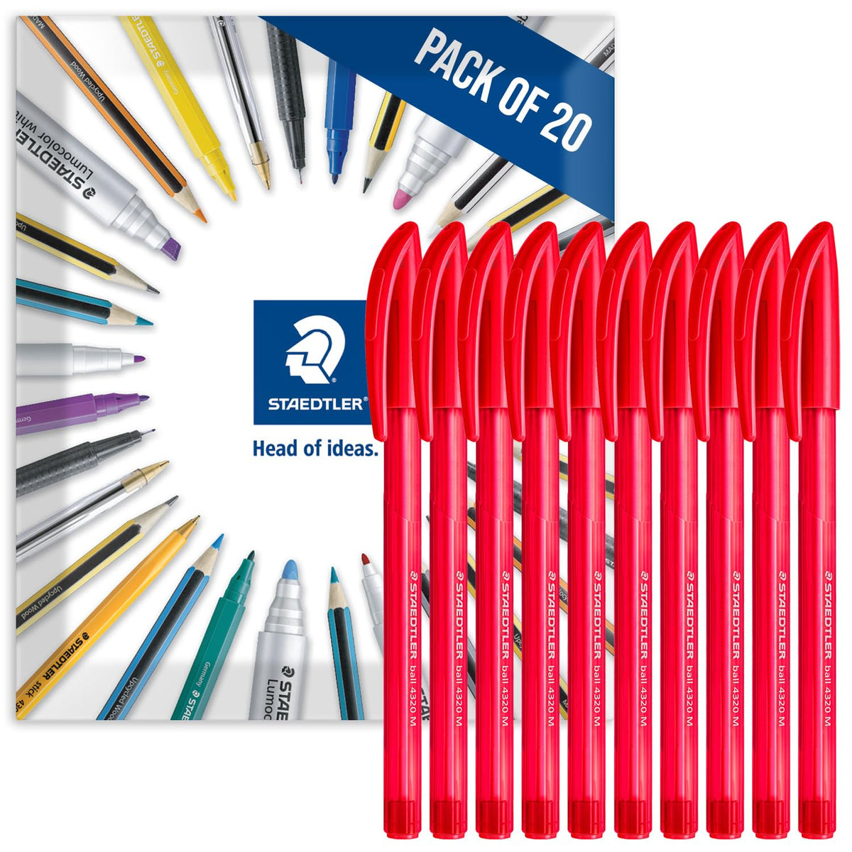 4320 Stick Ballpoint Pens Medium Nib 20 Pack Red Ink by STAEDTLER – 1 Count (Pack of 20), Red, Model STAE-4320M-20ENV_V