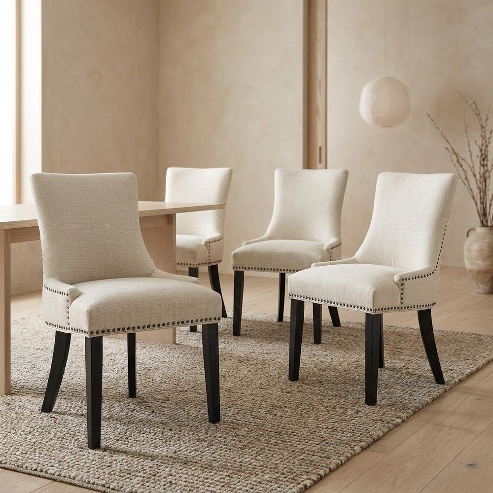 Fabric-Upholstered Dining Chairs Set of 4 with Arms by Furnifact – Polyester, Beige, Pack of 4