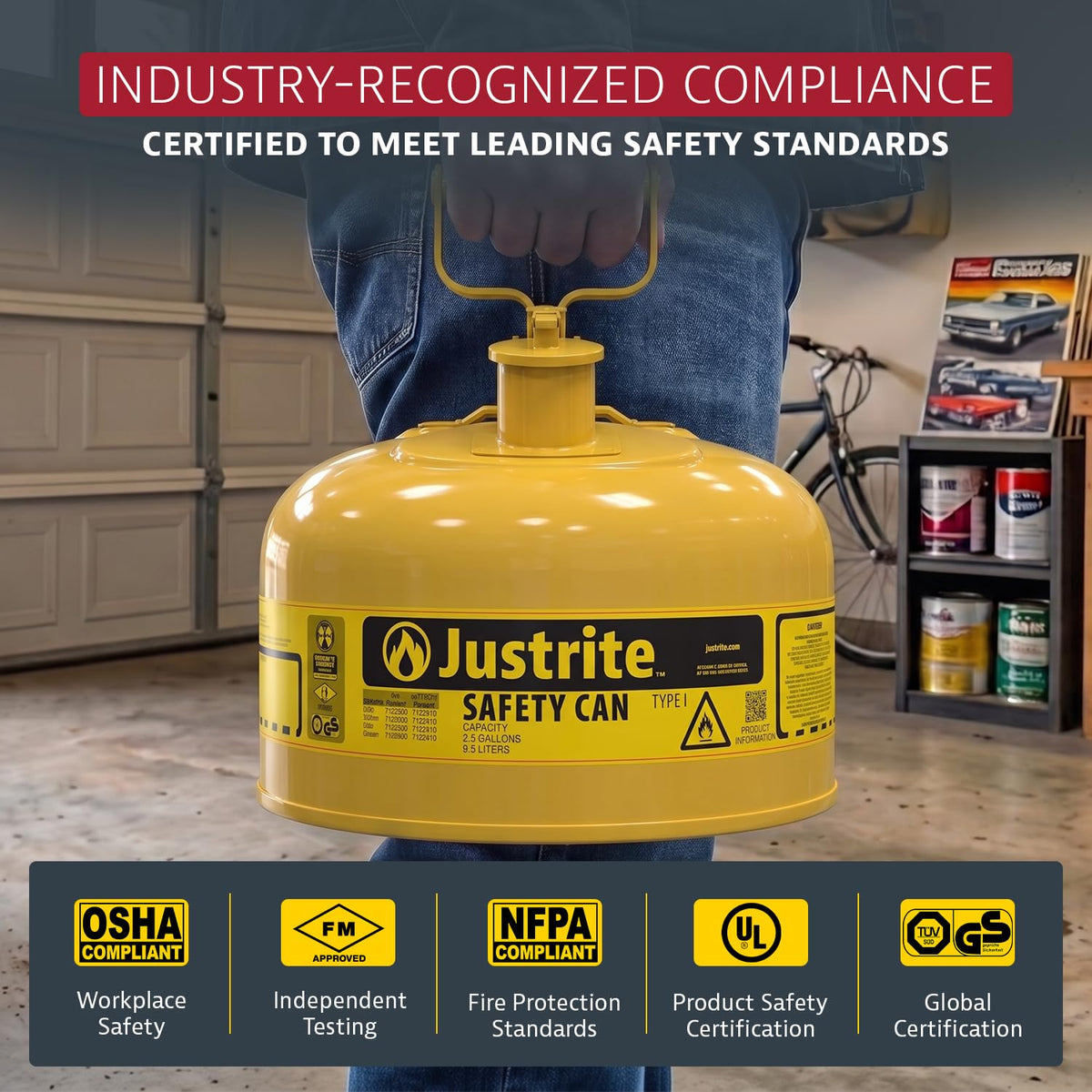 Justrite Yellow / 2.5 Gallon / Type I Cans