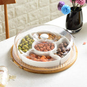 Yarlung Ceramic Divided Appetizer Tray, 11 Inch Bamboo Platter with Handles and Lid, White