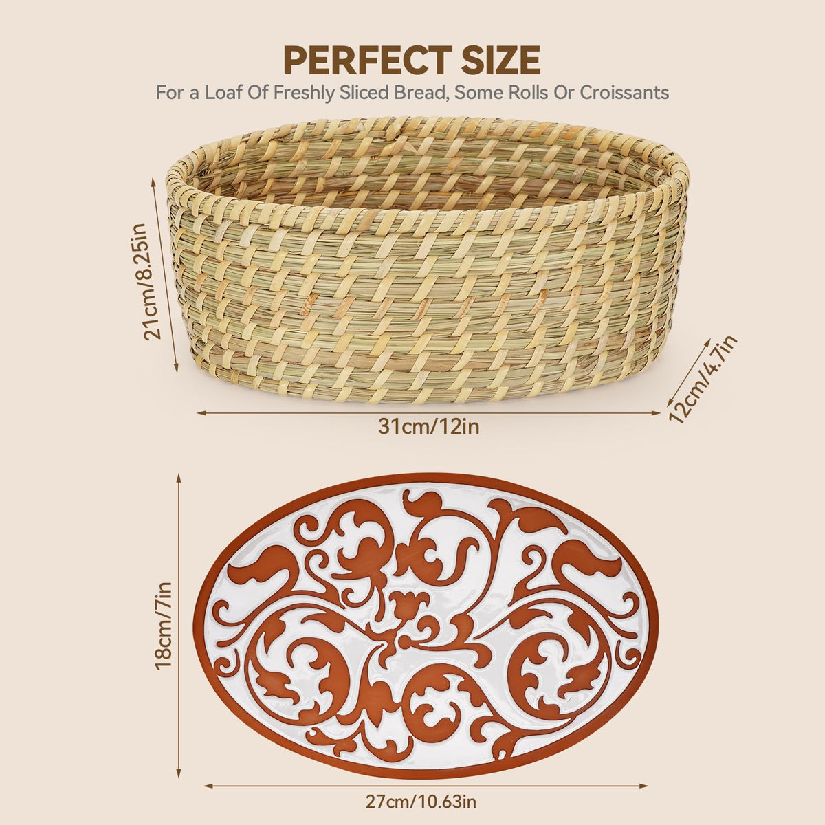 Willow Weave Woven Serving Basket with Warming Stone, Natural, 12 x 8.25 x 4.7 Inches