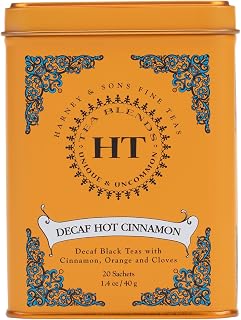 Harney & Sons Harney and Sons Decaf Hot Cinnamon , Decaf Flavored Black 20 Sachets per Tin 1.4oz | Decaffeinated black tea, cinnamon, orange peel & cloves, naturally sweet