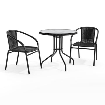 Lila 28'' Round Glass Metal Table with Black Rattan Edging and 2 Black Rattan Stack Chairs by Flash Furniture – Table + 2 Chair, Glass, Clear/Black, Model TLH-087RD-037BK2-GG