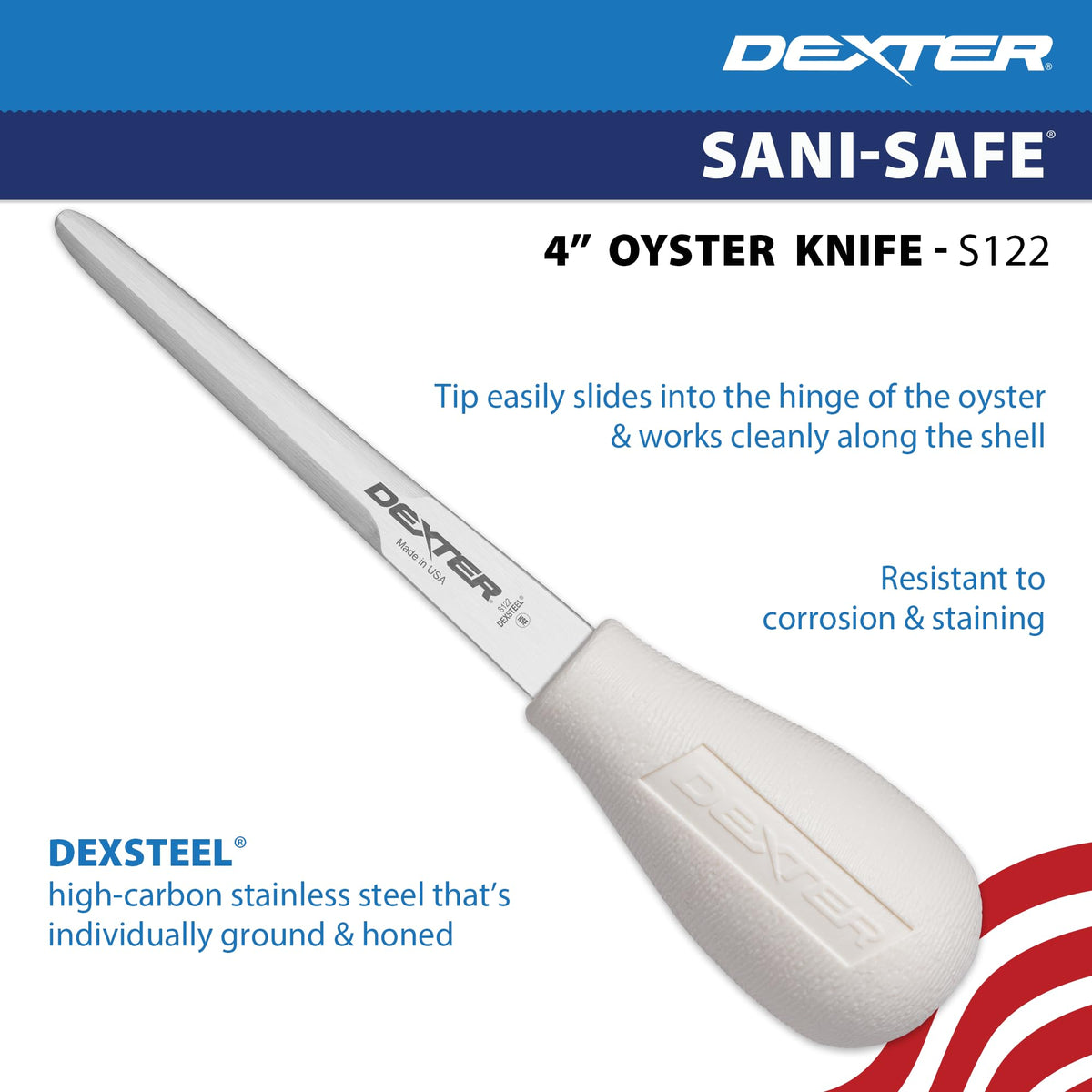 Dexter-Russell Sani-Safe S122-PCP 4" Boston Pattern Oyster Knife with Polypropylene Handle by Dexter Outdoors – 4 inches, Polypropylene, White, Model DRI 10433