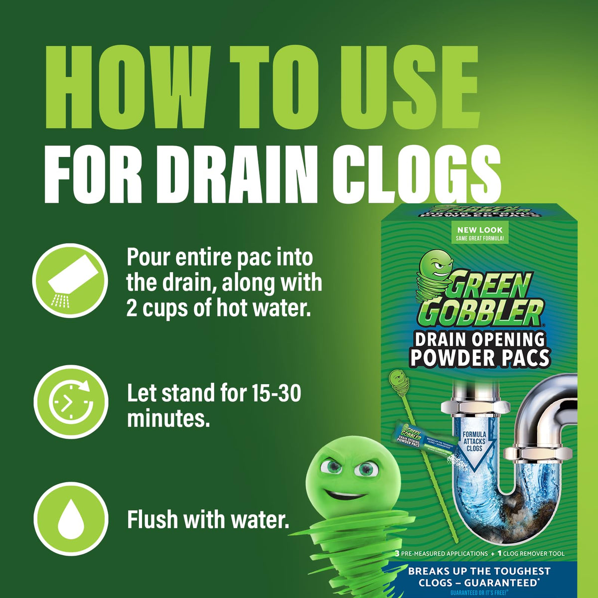Drain Clog Remover & Drain Cleaner Powder (5 Pacs & 5 Tools) by Green Gobbler – 5 Count (Pack of 1), Pack of 2, Model G8063