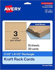 Avery Printable Rectangle Rack Cards, 3.5" x 8.5", Matte Kraft Brown, Laser/Inkjet Compatible, 30 Total, Ideal for Packaging, Displays, and Business Use