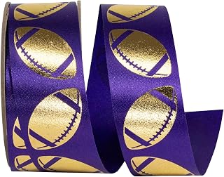 Reliant Ribbon Homecoming Metallic Footballs Cooler Ribbon, Purple/Gold, 1-3/8 Inch, 25 Yards