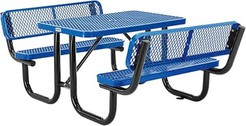 Global Industrial 4' Rectangular Outdoor Expanded Metal Picnic Table with Backrests, Blue