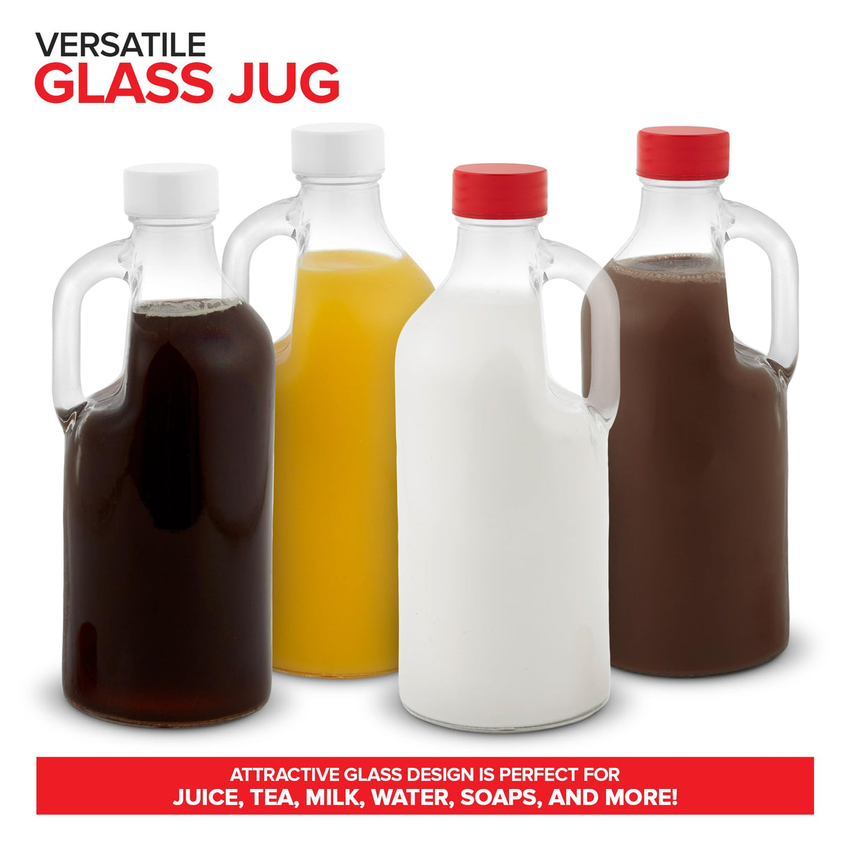 40 oz Glass Milk Bottle with Lid and Handle (2 Pack) by Stock Your Home – 2 Count, 1134.0 milliliters, Glass, Clear, Pack of 2