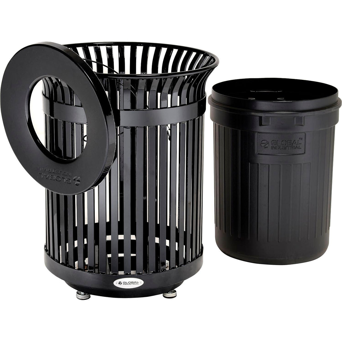 Global Industrial Outdoor Heavy-Duty Slatted Steel Trash Can – 36 Gallon, 34" H, Black