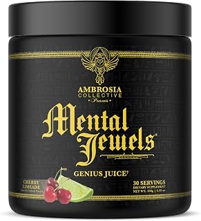 Ambrosia Mental Jewels Nootropic Brain Supplement Powder | Alpha GPC, Bacopa & Phosphatidylserine | Memory, Focus & Concentration Support | 30 Servings | Cherry Limeade