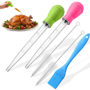 Boao Turkey Baster Set, 5 Piece with Silicone Brush, Rose and Green